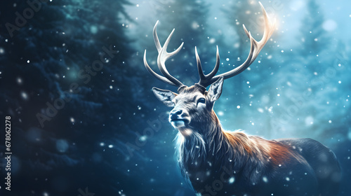 Elk with Christmas theme, winter frame background, lighting, winter-themed banner, copy space, AI generative © Nusrat_j_VectorArt