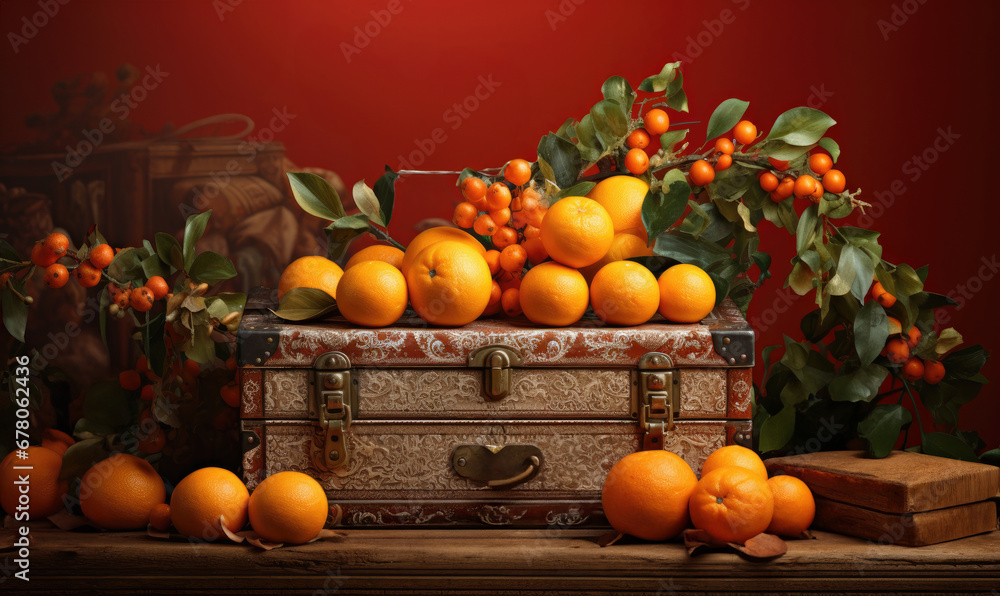 Chinese new year red ornament wallpaper with oranges fruits