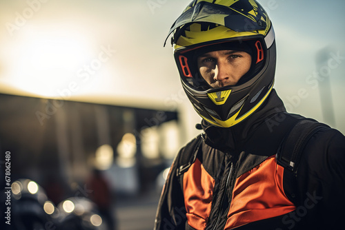 Portrait of motorcyclist man in yellow helmet at sunset