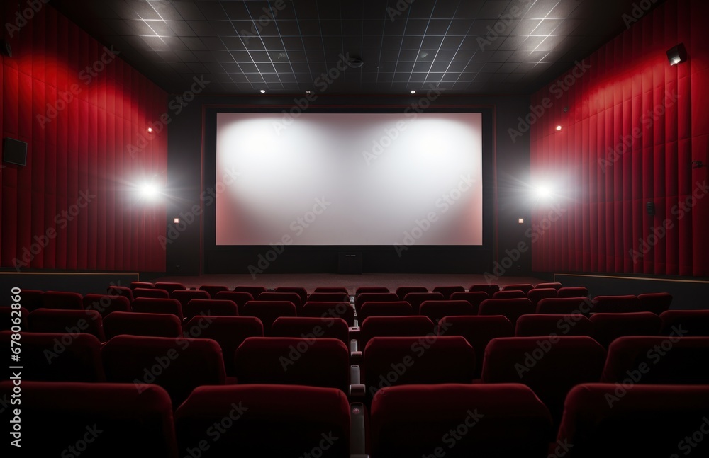 Empty of cinema in blue color with white blank screen. Mockup of hall, no people and auditorium. Copy space and background concept.