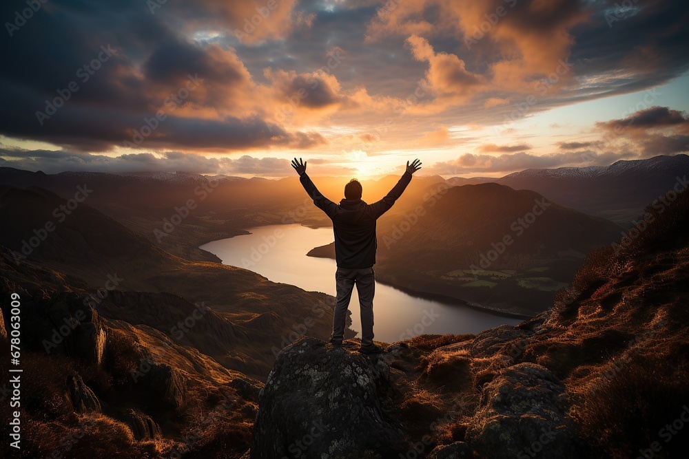 silhouette of a person standing on a cliff with raised arms silhouette of a person standing on a cliff with raised arms
