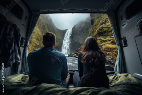 Generative AI illustration of anonymous couple sitting in their van captivated by the majestic waterfall cascading between lush green cliffs