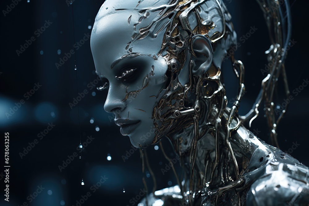 futuristic cyber female zombie model splattered with liquid