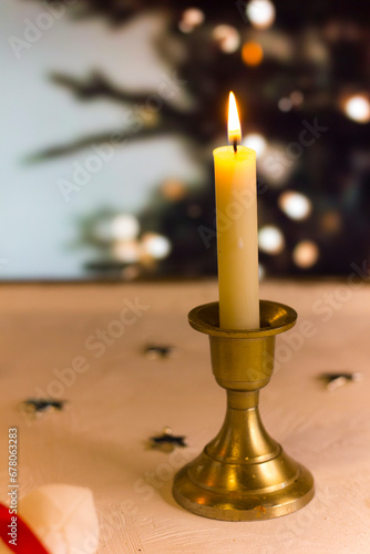 candles on a Christmas tree background. Christmas decoration.
