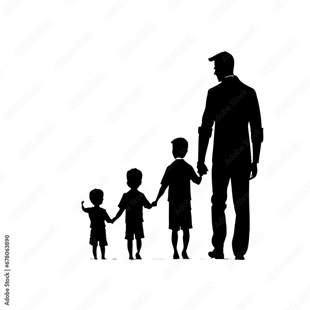 Silhouette drawing father walking hand in hand with his children view from the back. Hand drawn vector isolated on a white background
