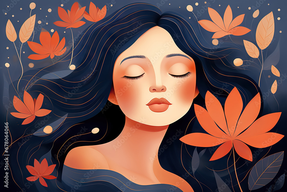 Generative AI image of woman with blue hair and red leaves Generative AI image of woman with blue hair and red leaves