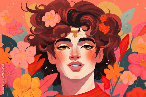 Generative AI image of a dreamy transgender person with floral a