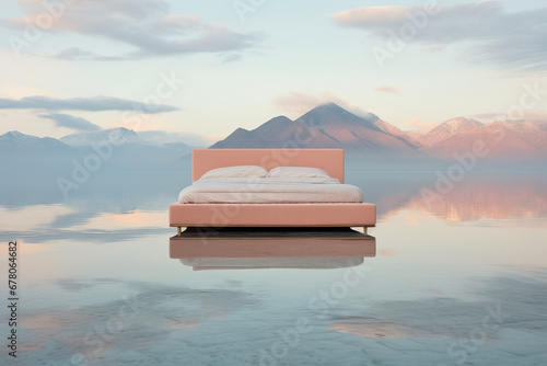 A bed sitting on top of a body of water created with Generative AI technology