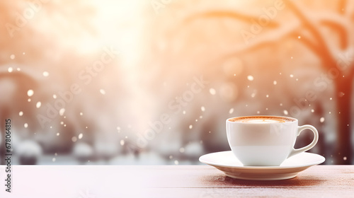 Hot coffee in the cup, a snowy background, snow, snowflake, shiny day, bokeh light, winter-themed background, copy space, AI generative