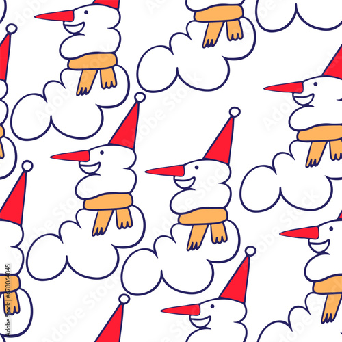 seamless color pattern with snowmen in doodle style. template for print, background, wallpaper, fabric, packaging, children's book, decoration.