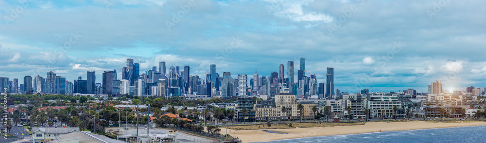 Vibrant cityscape of Melbourne where international commerce and banking activity is located. Scenic panorama skyline of financial and business center.