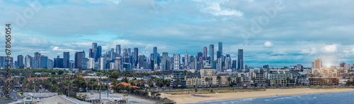 Vibrant cityscape of Melbourne where international commerce and banking activity is located. Scenic panorama skyline of financial and business center.