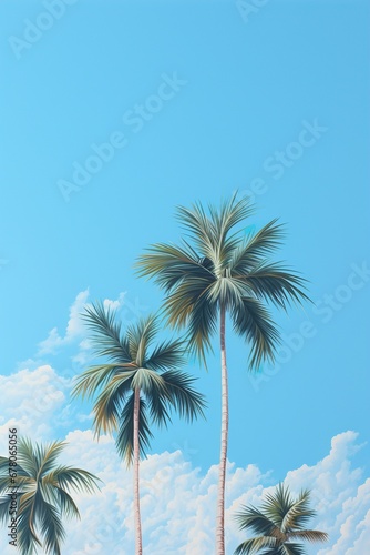 Tall palm trees soar into a bright blue sky with fluffy clouds  evoking a tropical paradise vibe. Vacation  holiday background. Empty  copy space for text.