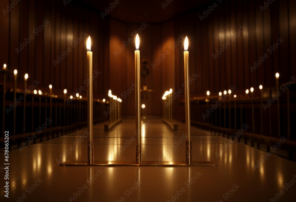 Burning candles row in dark chapel. Liturgy monastery faith lightning candles ritual. Generate ai Burning candles row in dark chapel. Liturgy monastery faith lightning candles ritual. Generate ai