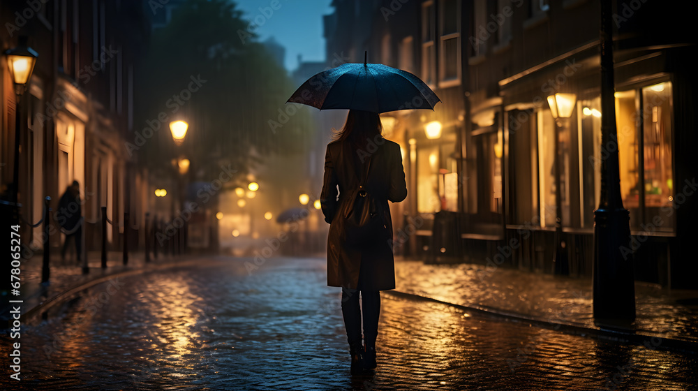 A woman walks on a city street on a rainy day at night, she holds an umbrella against the rain. - obrazy, fototapety, plakaty 