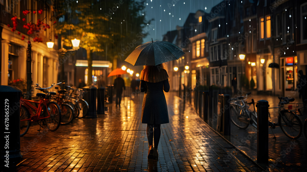 A woman walks on a city street on a rainy day at night, she holds an umbrella against the rain.