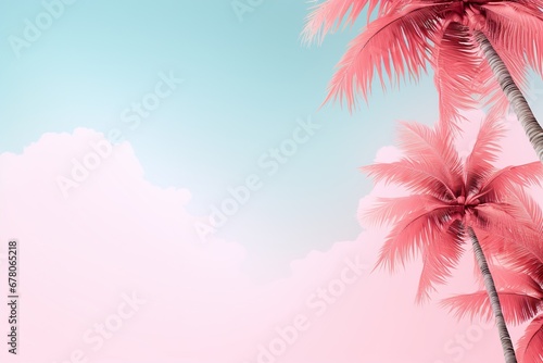 Vibrant tropical scene with pink palm trees under a soft blue sky, ideal for travel and leisure themes. Vacation, holiday background. Empty, copy space for text. © Kassiopeia 