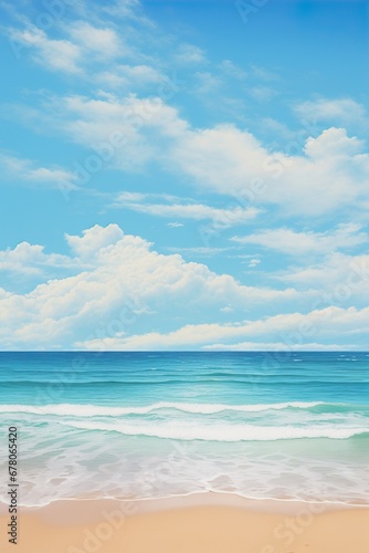 Serene beach scene with soft sandy shore  ocean waves  and a blue sky with fluffy clouds. Vacation mood that speaks of tranquility and relaxation. Peaceful holiday. Relax in the nature.