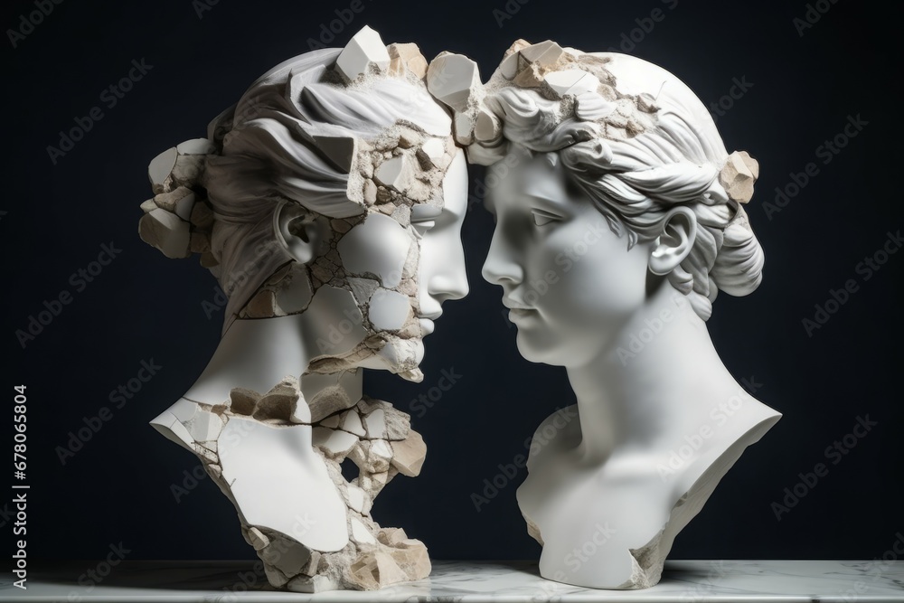 Human sculptures concept of depression. Damaged and destroyed antique bust incomplete feeling. Generate ai