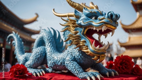 Blue dragon statue in Chinese temple
