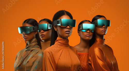 Five women don futuristic VR goggles against a bold orange background, highlighting the fusion of fashion and technology. Their poised stances signal readiness for a digital journey. Generative AI.