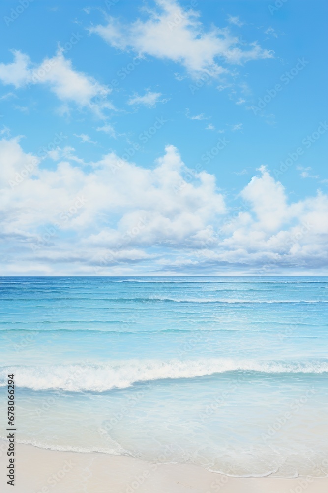 Serene beach scene with soft sandy shore, ocean waves, and a blue sky with fluffy clouds. Vacation mood that speaks of tranquility and relaxation. Peaceful holiday. Relax in the nature.