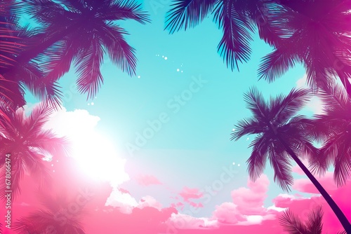 Dreamy tropical paradise with silhouetted palm trees against a vibrant pink and blue sky, evoking a serene vacation vibe. Travel holiday background. Empty, copy space for text. © Kassiopeia 