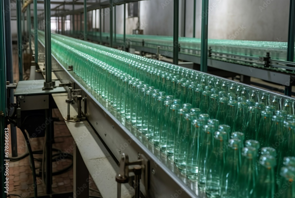 Fototapeta premium Glass bottle factory conveyor. Row of empty brewery glass bottles industrial machinery production. Generate ai