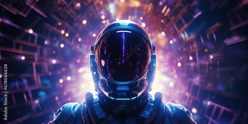 A futuristic astronaut stands against a vivid backdrop of glowing lights and geometric patterns, evoking a sense of space exploration and digital technology. Generative AI. - obrazy, fototapety, plakaty 