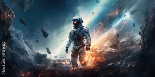 An astronaut floats amidst rocky celestial bodies, illuminated by fiery explosions and ethereal light, against a backdrop of the cosmic expanse. Generative AI.