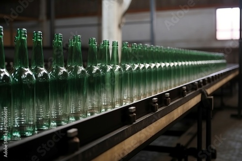 Row of glass bottle factory conveyor. Glassware manufacturing automation production machinery. Generate ai