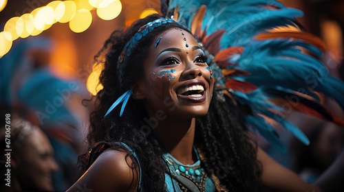 A radiant carnival queen with a feathered headdress and joyous expression amidst a festive backdrop. © Juan