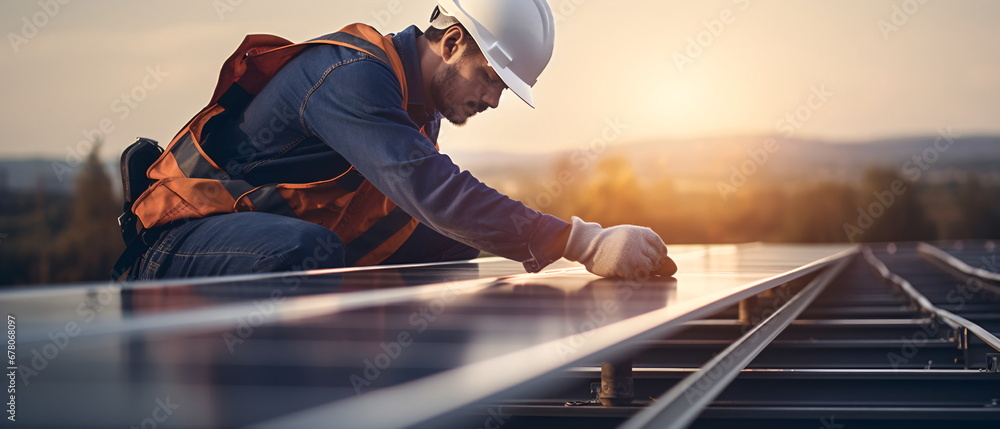 Electrical engineer worker in protective helmet and uniform working on roof with solar panels against sunset sky. man with helmet installing solar panels. generative ai Electrical engineer worker in protective helmet and uniform working on roof with solar panels against sunset sky. man with helmet installing solar panels. generative ai