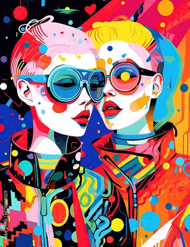 contemporary fashion style jpg illustration, in the style of colorful futurism, charming characters, concert poster, contemporary candy-coated, whimsical cartoon-style, genderless, two dimensional