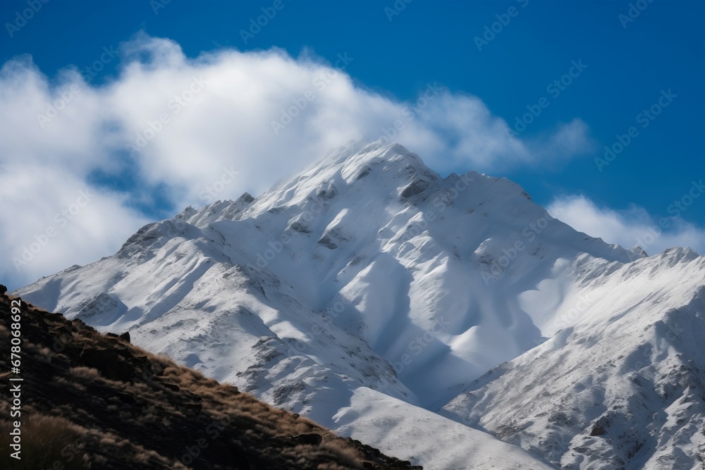 Large snowy mountain high peak among the clouds. Alpine scenery view in frozen wintertime. Generate ai