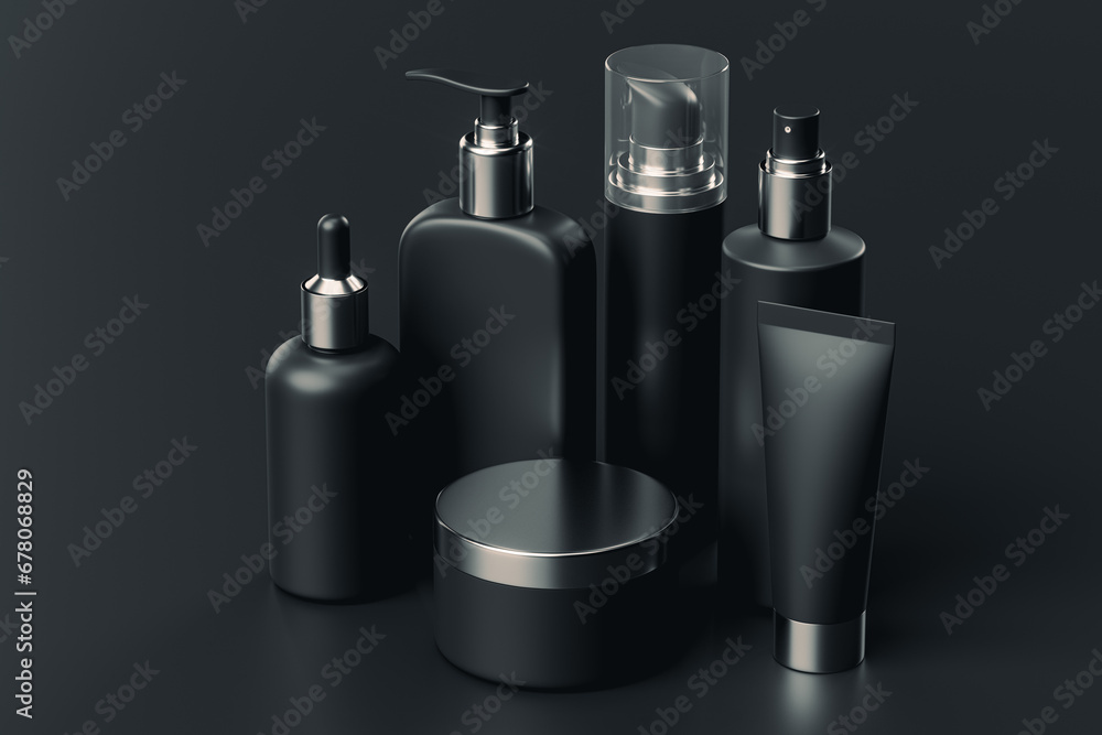 3d isometric illustration of set of diverse cosmetic containers in black color isolated on black background. Cosmetic jars, bottles, tube, sprays and other containers mockup 3d isometric illustration of set of diverse cosmetic containers in black color isolated on black background. Cosmetic jars, bottles, tube, sprays and other containers mockup