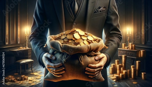 Man in black suit holding a bag full of shining gold coins. Golden coins are cradled in a bag, firmly gripped by a businessman. Wealth and luxury. photo