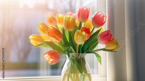 Spring tulips in a vase on the table. Spring holiday