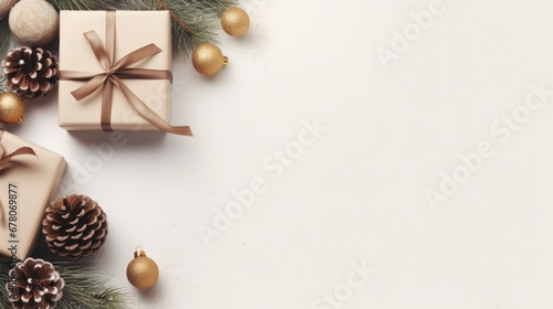 Christmas composition. Christmas fir tree branches, gifts, pine cones on wooden white rustic background. Flat lay, top view. Copy space. Banner backdrop.