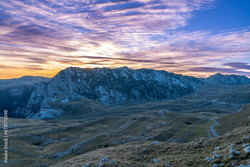 Sedlo Pass in the Durmitor Mountains of Montenegro with sunset light and colors