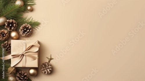 Christmas composition. Christmas fir tree branches, gifts, pine cones on wooden white rustic background. Flat lay, top view. Copy space. Banner backdrop. © radekcho