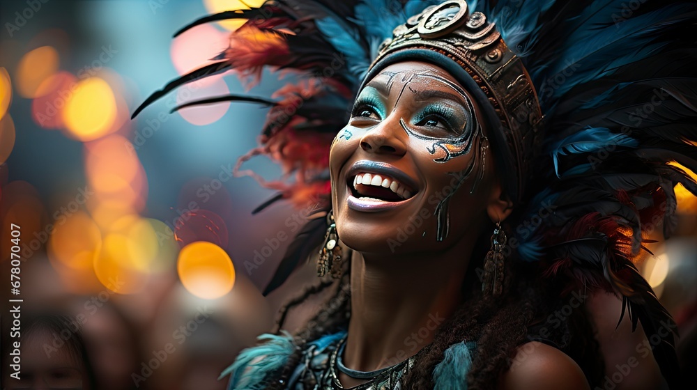 A radiant carnival queen with a feathered headdress and joyous expression amidst a festive backdrop.