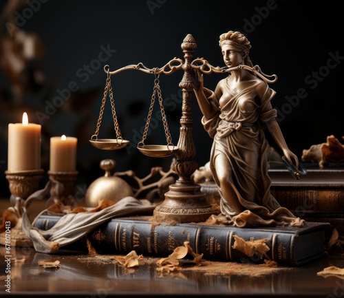 scales of justice, Vintage Bronze Lever Scale and Antique Books Background. Ai Generative