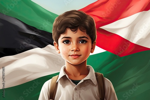 drawing illustration of a Palestinian child against the background of the country's flag.