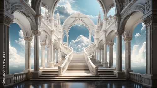 Gates of heaven, illustration of the road going to heaven. Fluffy clouds and people go up the stairs. concept: religion and faith photo