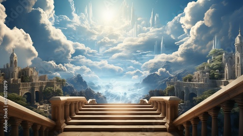 Gates of heaven, illustration of the road going to heaven. Fluffy clouds and people go up the stairs. concept: religion and faith photo