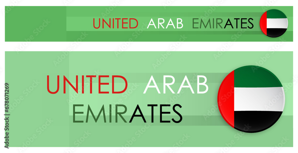 United Arab Emirates flag horizontal web banner in modern neomorphism style. Webpage UAE country header button for mobile application or internet site. Vector United Arab Emirates flag horizontal web banner in modern neomorphism style. Webpage UAE country header button for mobile application or internet site. Vector