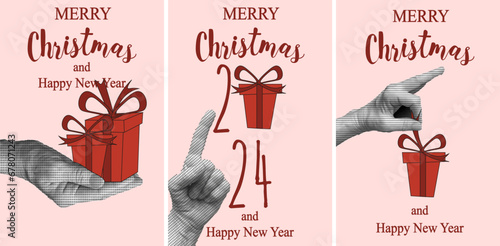 Set Christmas greeting card with Halftone hand and gift. Trendy Christmas brochure in retro style. Vector illustration can usrd web posters, banner and promo.