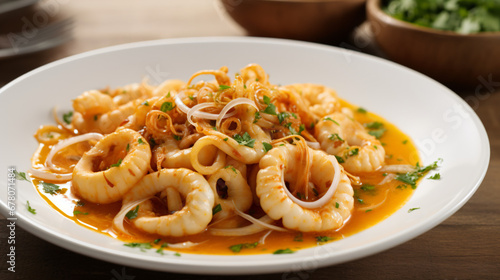 Calamari stewed with poached onions.