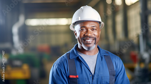 Portrait of African American male engineer in uniform smiling and standing in industrial factory.